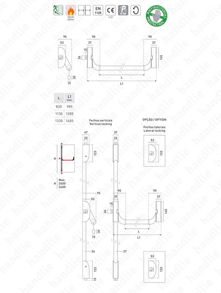 IDEA BASE - Vertical Bolts and Panic Bar - 3 locking points - 2 Leaves - Red