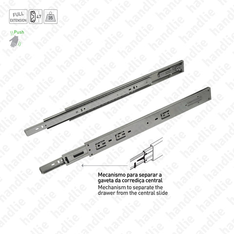 COR.A47.2L with Push Open - Ball bearing slides + Push Open system for drawers / Double extension / Full extension slide / 35Kg (pair)