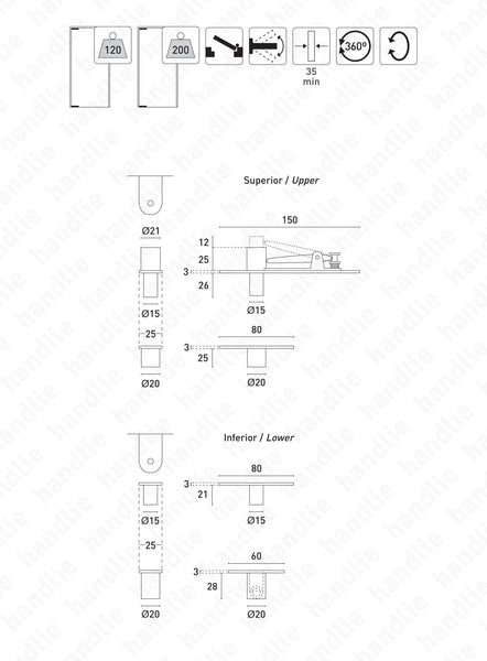 D.1962.02 - Pivots for single or double action doors - 120kg - Stainless Steel