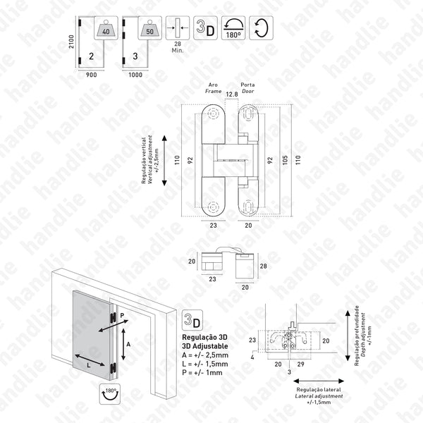 D.505.28.3D - 3D Concealed hinge - Load capacity 40Kg (2 hinges) - Min. door thickness 28mm