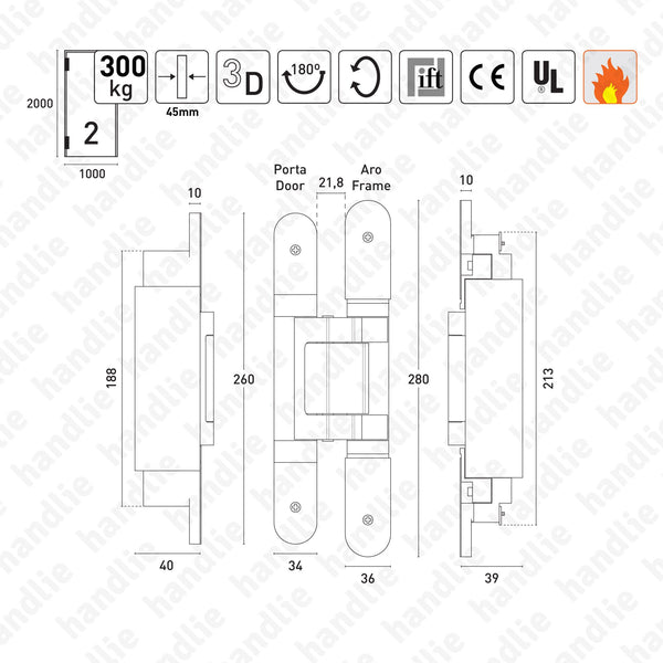 TE.645.3D - TECTUS 3D Concealed hinge - Load capacity 300kgs