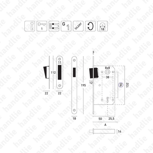 F.114.91.01.R - Magnetic mortise lock - With key