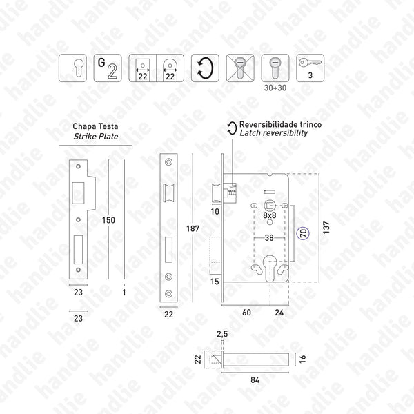 F.724.1.03 - Mortise lock for euro cylinder - Stainless steel