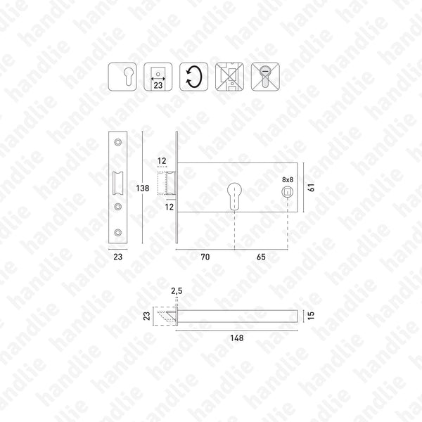 F.727.1.03 - Mortise lock for euro cylinder