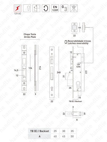 F.733.3.03 - Electric mortise lock for euro cylinder with rotating deadbolt