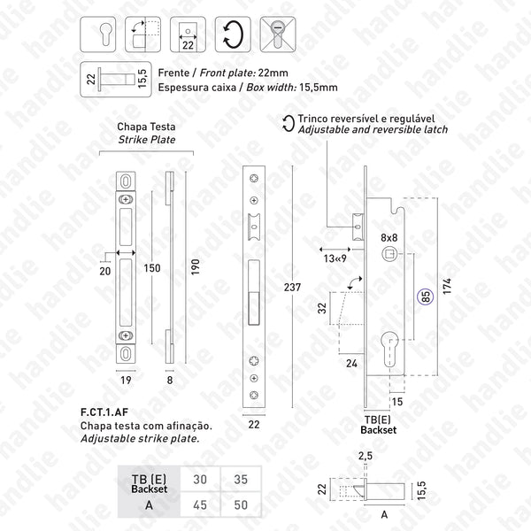 F.771.3.03 - Mortise lock for euro cylinder with rotating deadbolt - Stainless Steel