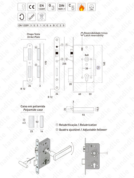 F.852.2.03.R - Mortise lock for euro cylinder - Stainless steel