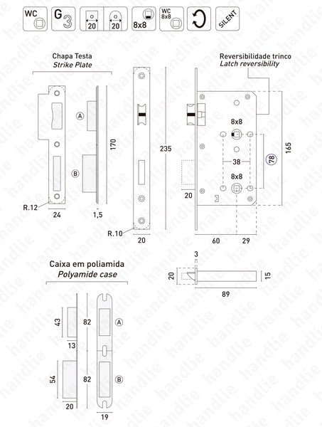 F.880.1.02 - Bathroom mortise lock - Stainless steel