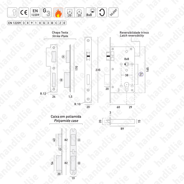 F.880.1.03 - Mortise lock Euro Cylinder - Stainless Steel
