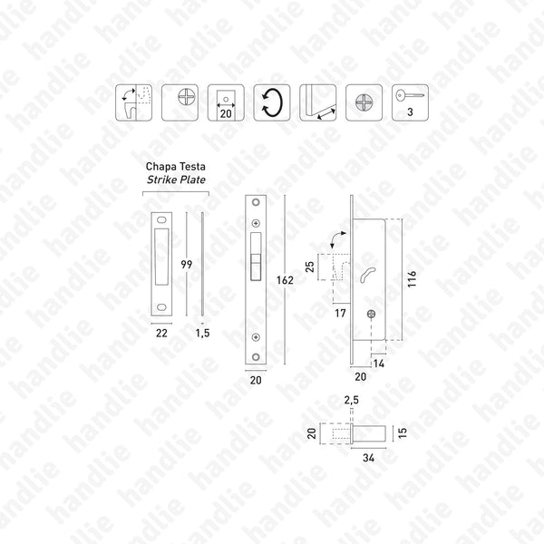 F.981.8.05 - Mortise lock with retractable hook with cross key cylinder