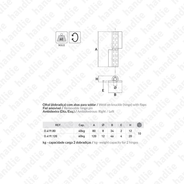 O.419 - Weld on hinge with leaves - Steel