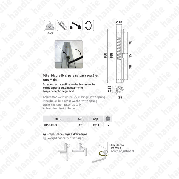 OM.415.M - Adjustable weld on hinge with spring - Steel