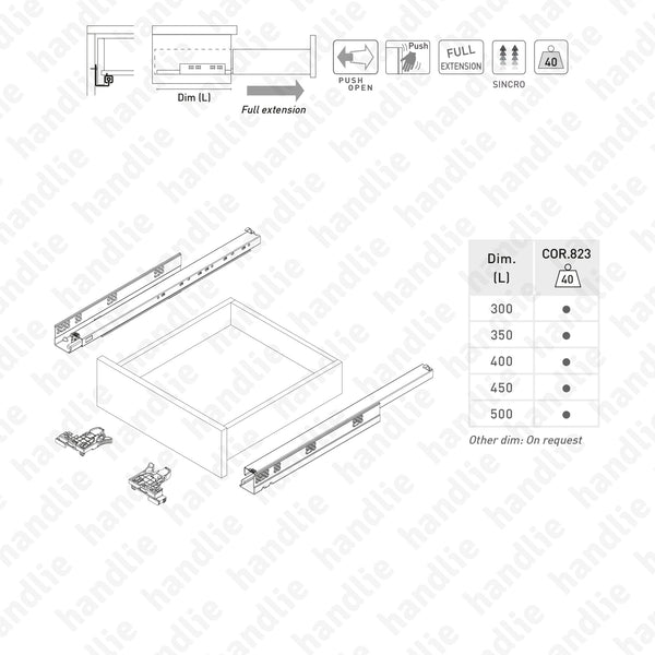 COR.823 - Concealed slides with Push Open system for drawers / Full extension slide / 40kg