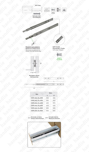 COR.A46.2L with Soft-Close - Ball bearing slides + Soft-Close for drawers / Double extension / Full extension slide / 45Kg (pair)