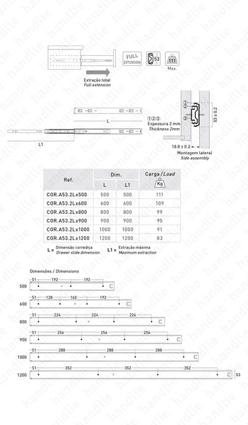 COR.A53.2L - Ball bearing slides - A53 SPM, Full extension slide up to 1200mm / Up to 111kg (pair)