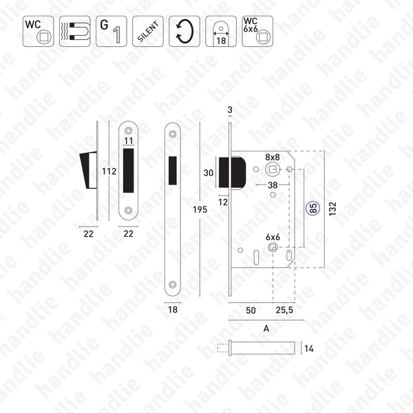 F.114.91.02.R - Magnetic mortise lock - WC / Double follower