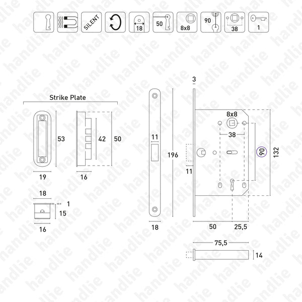 F.115.91.01.R - Magnetic mortise lock with key (Series 115)
