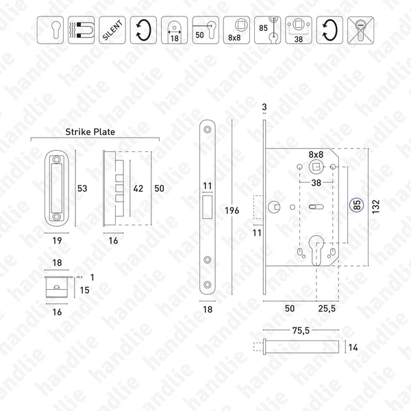 F.115.91.03.R - Magnetic mortise lock for euro profile cylinder (Series 115)