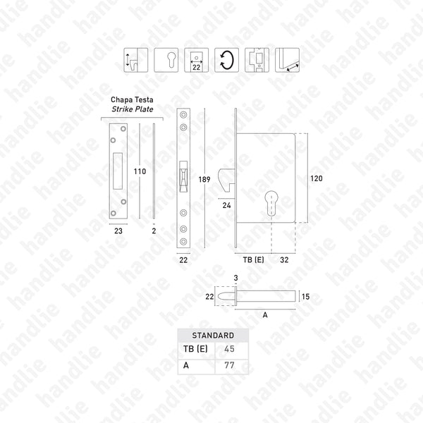 F.988.8.03 - Mortise lock with hook for euro cylinder