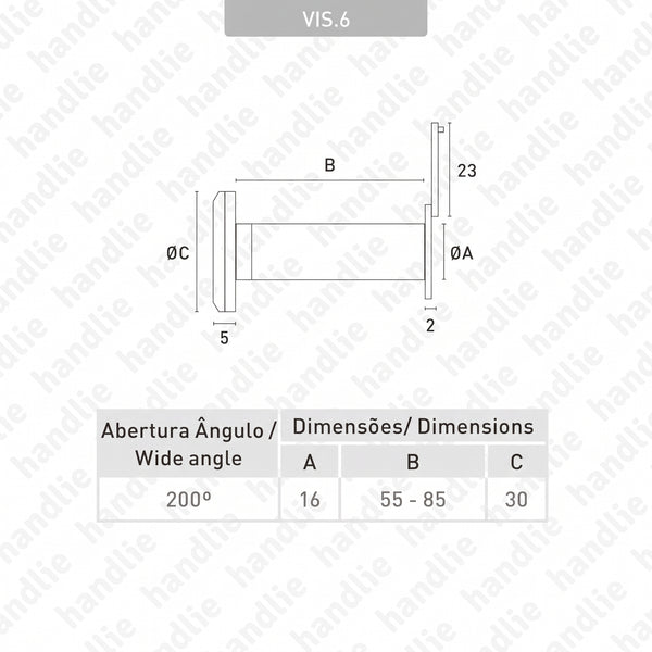 VIS.6 - Door viewer - Angle 200º - door thickness 55 to 85mm