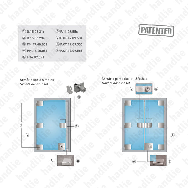 F.14.09.556 Passion Glass - Square - Lock for double glass doors - 2 leaves