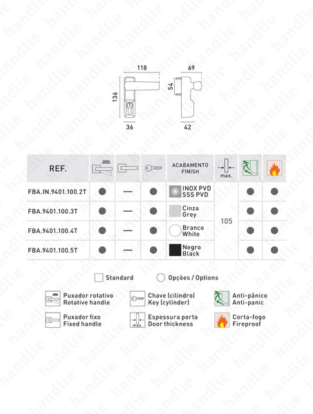 TRIM 9401.11007T - Grey turning lever handle with cylinder (key) for ISEO/IDEA panic bars