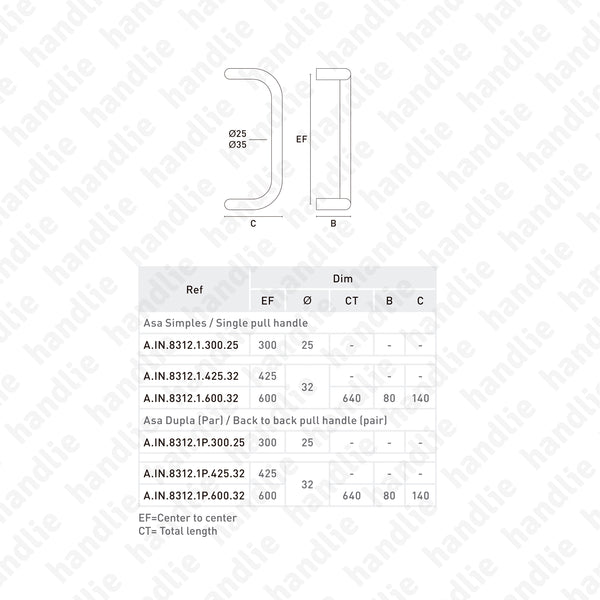A.IN.8312.1 - Single or back to back pull handle for doors - Stainless Steel