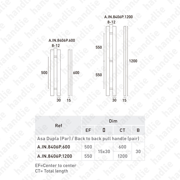 A.IN.8406P - Back to back pull handle for doors - Stainless Steel