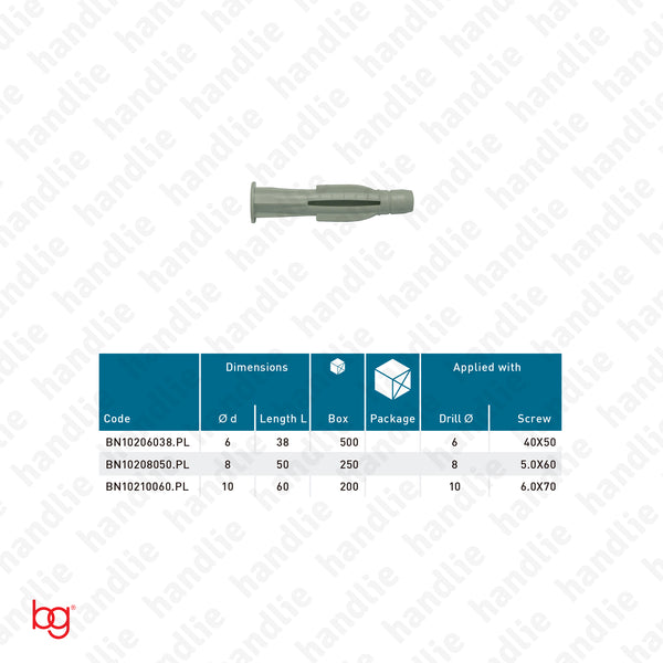 Nylon wall plugs for brick - with lip - BN 102