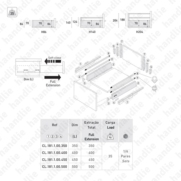 CL.181.1.00 - H.140 - SPM QUICK SLIDE - WHITE - Rectangular Railing - Sides with Soft-Close slides for 140mm pull-outs / Full extension slide / 35kg