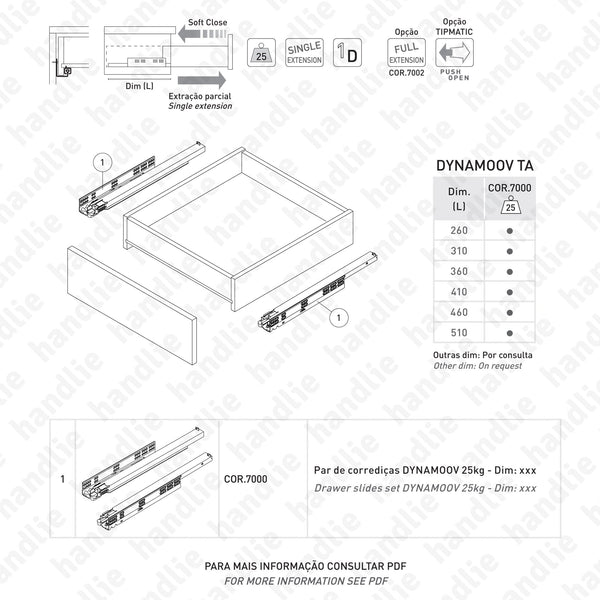 COR.7000 - DYNAMOOV TA - GRASS - Concealed slides with Soft-Close for drawers / Single extension slide / 25kg | GRASS