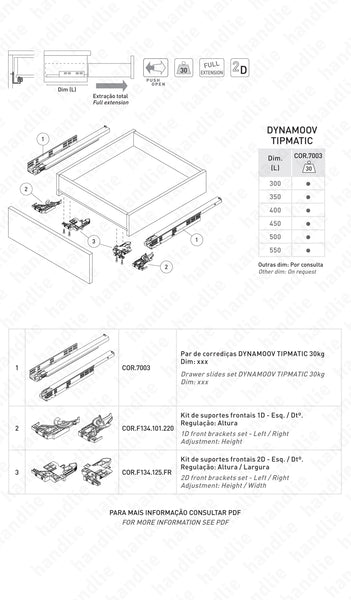 COR.7003 - DYNAMOOV TIPMATIC - GRASS - TIPMATIC (Push Open) concealed slides for drawers / Full extension slide / 30kg | GRASS