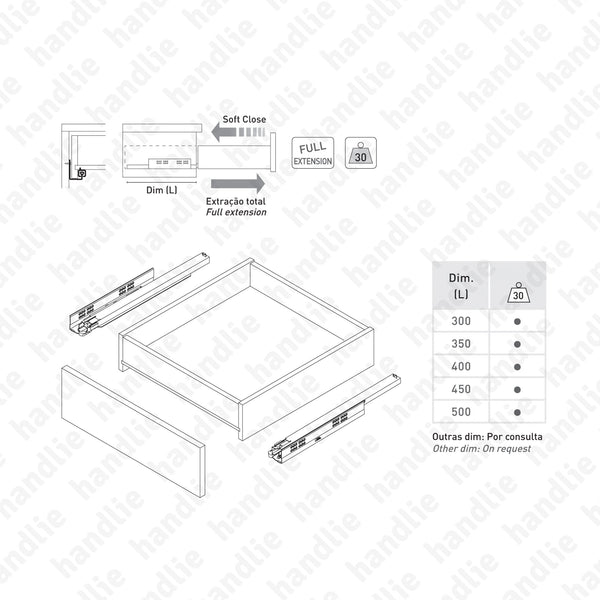 COR.814 -  Concealed slides for drawers / Full extension slide / 30Kg