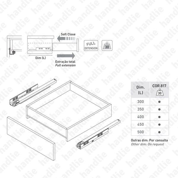 COR.817 - Concealed slides with Soft-Close for drawers / Full extension slide / 30Kg
