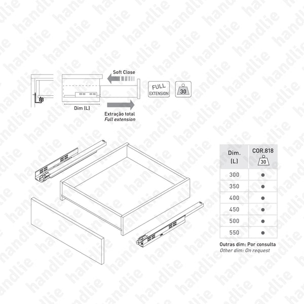 COR.818 - Concealed slides for drawers / Full extension slide / 30Kg