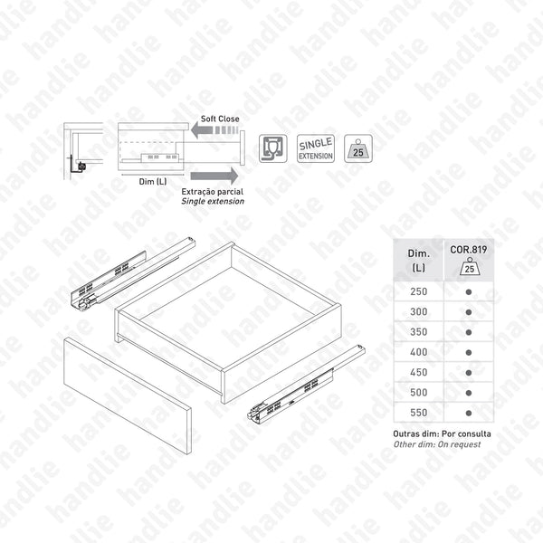 COR.819 - Concealed slides for drawers / Single extension slide / 25Kg