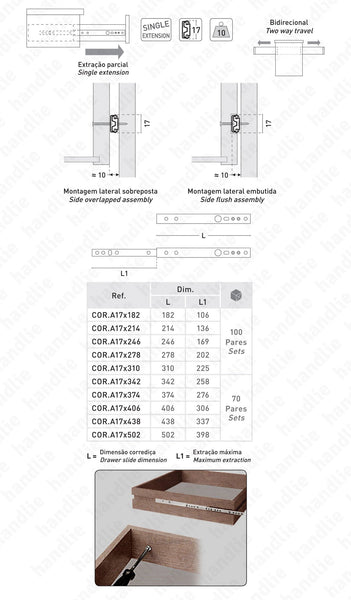 COR.A17 - Ball bearing slides / Single extension slide / 10Kg (pair)