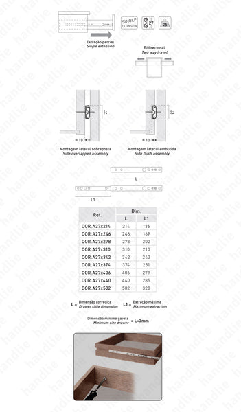 COR.A27 - Ball bearing slides / Single extension slide / 25Kg (pair)