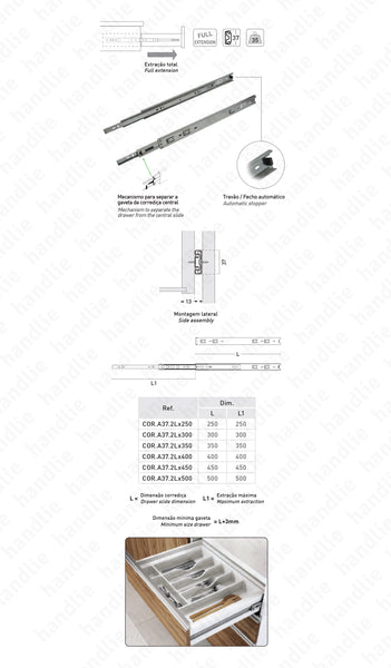 COR.A37.2L - Ball bearing slides for drawers / Double extension / Full extension slide / 35Kg (pair)