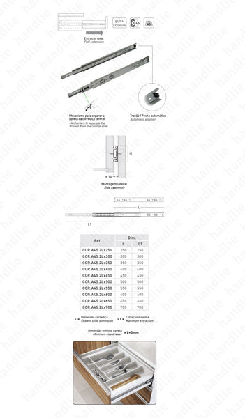 COR.A45.2L - Ball bearing slides for drawers / Double extension / Full extension slide / 45Kg (pair)