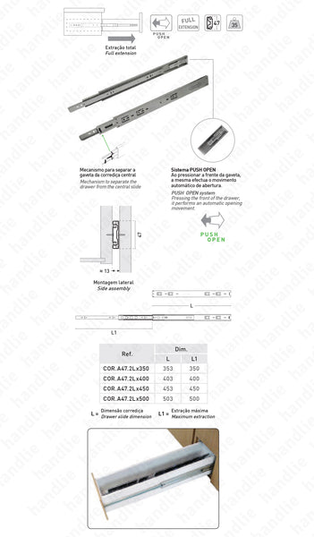 COR.A47.2L with Push Open - Ball bearing slides + Push Open system for drawers / Double extension / Full extension slide / 35Kg (pair)