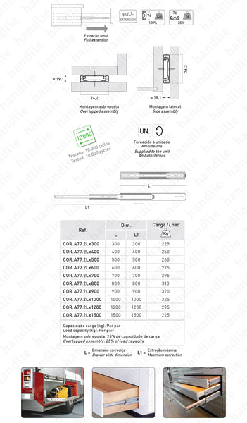 COR.A77.2L - Progressive ball bearing slide - A77, Double extension / Full extension slide up to 1500mm