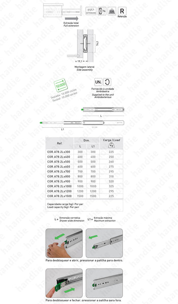 COR.A78.2L - with stay closed/open feature - Double extension / Full extension slide up to 1500mm / 325kg