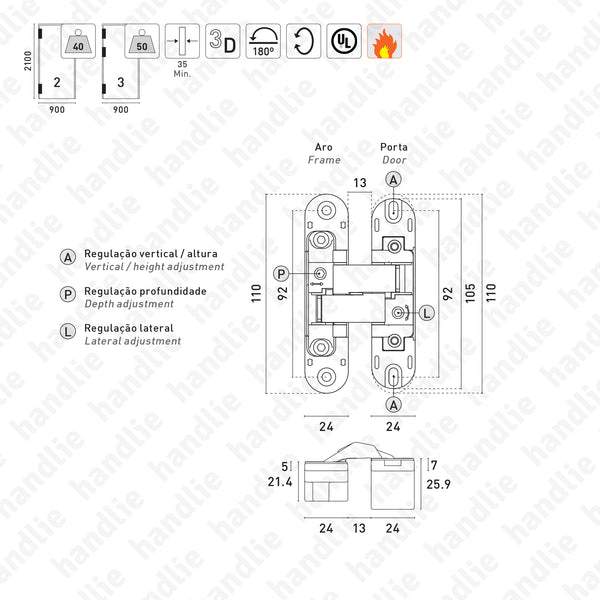 D.505.3D - 3D Concealed hinge - Load capacity 40 Kg