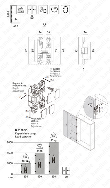 D.6100.3D.Z13 - 3D Concealed hinge for furniture - Load capacity 19kg (4 hinges)