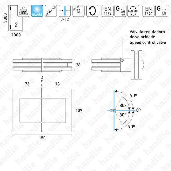 DV.30.03.110 - Hydraulic hinge glass / glass 90º+90º - ALUMINIUM