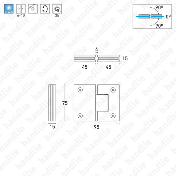 DV.40.03.075 - Glass / glass hinge 180º - Brass
