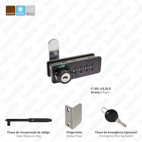 F.1051.V.0.20 - Furniture lock with code - wooden, glass and metal doors