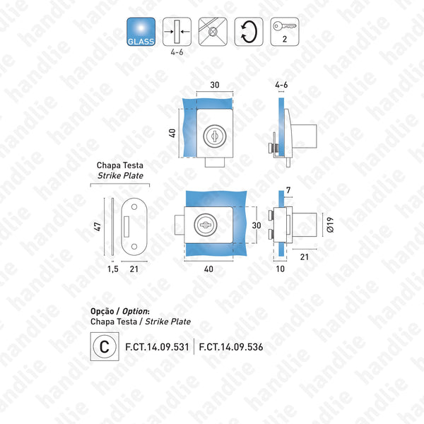 F.14.09.521 Passion Glass - Square - Lock for cabinet glass doors - single door