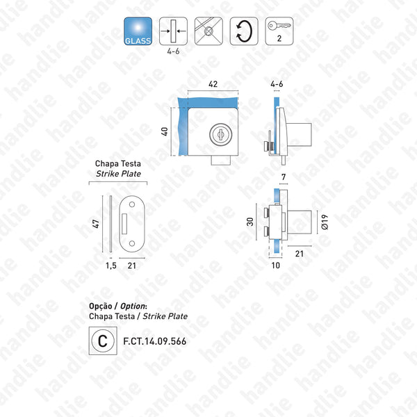 F.14.09.556 Passion Glass - Square - Lock for double glass doors - 2 leaves